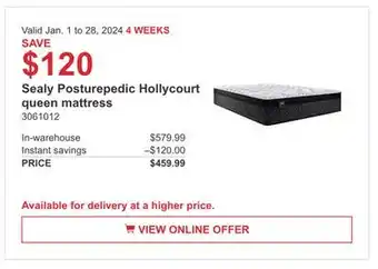 Costco Sealy posturpedic hollycourt queen mattress offer