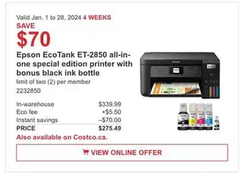 Costco Epson eco tank et-2850 all-in-one special edition printer with bonus black ink bottle offer