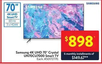 Walmart Samsung 4k uhd 70 crystal un70cu7000 smart tv offer
