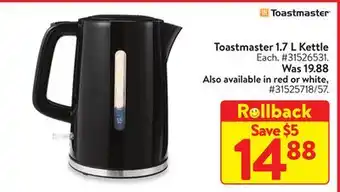 Walmart Toastmaster 1.7 l kettle offer