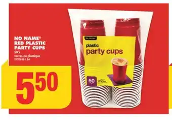 No Frills No name red plastic party cups, 50's offer