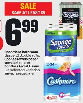 Loblaws Cashmere bathroom 12 double rolls, spongetowels paper towels 6 rolls or scotties facial tissue 6's offer