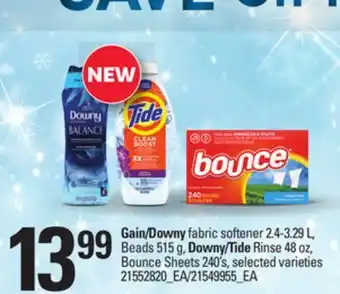 Loblaws Gain/downy fabric softener 2.4-3.29 l, beads 515 g, downy/tide rinse 48 oz, bounce sheets 240's offer
