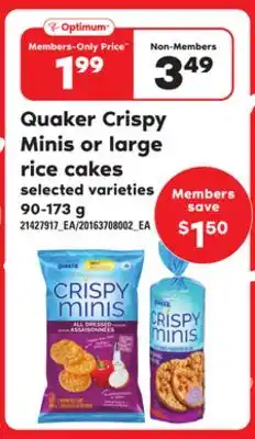 Loblaws Quaker crispy minis or large rice cakes, 90-173 g offer