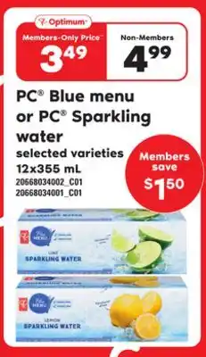 Loblaws Pc blue menu or pc sparkling water, 12x355 ml offer