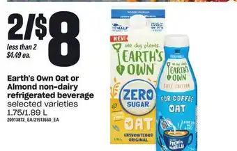 Loblaws Earth's own oat or almond non-dairy refrigerated beverage, 1.75/1.89 l offer