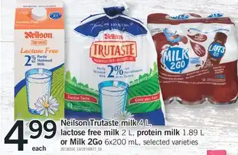 Fortinos Neilson trutaste milk 4 l, lactose free milk 2 l, protein milk 1.89 l or milk 2go 6x200 ml offer