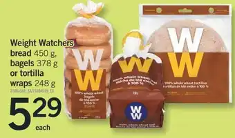 Fortinos Weight watchers bread 450 g, bagels 378 g or tortilla wraps 248 g offer