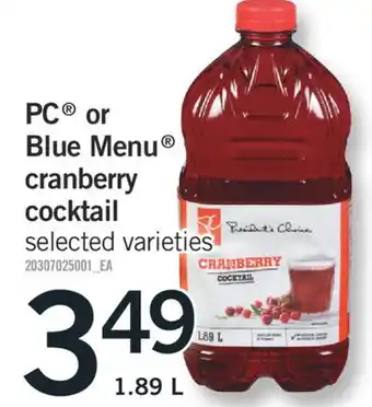 Fortinos Pc or blue menu cranberry cocktail offer