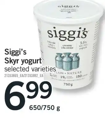 Fortinos Siggi's skyr yogurt, 650/750 g offer