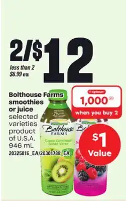 Independent Grocer Bolthouse farms smoothies or juice, 946 ml offer