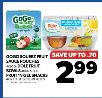Real Canadian Superstore Gogo squeez fruit sauce pouches 4x90 g, dole fruit bowls 4x107 ml or fruit 'n gel snacks, 4x123 g offer