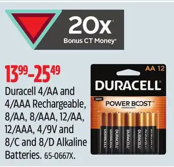 Canadian Tire Duracell 4/aa and 4/aaa rechargeable, 8/aa, 8/aaa, 12/aa, 12/aaa, 4/9v and 8/c and 8/d alkaline batteries offer