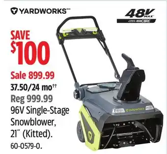 Canadian Tire Yardworks 96v single-stage snowblower, 21 (kitted) offer