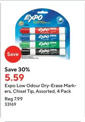 Staples Expo low odour dry-erase markers, chisel tip, assorted, 4 pack offer