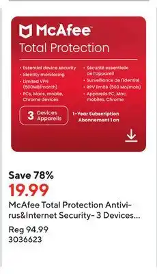 Staples Mcafee total protection antivirus&internet security- 3 devices (windows/mac/android/ios/chromeos)-1-year subscription (downlo offer