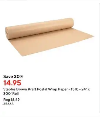 Staples Staples brown kraft postal wrap paper - 15 lb - 24 x 300' roll offer