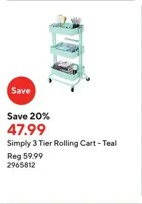 Staples Simply 3 tier rolling cart - teal offer