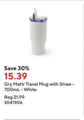 Staples Gry mattr travel mug with straw - 700ml - white offer