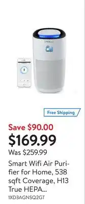 Walmart Smart wifi air purifier for home, 538 sqft coverage, h13 true hepa filter for smoke dust odor pollen offer