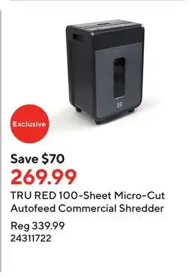 Staples Tru red 100-sheet micro-cut autofeed commercial shredder offer