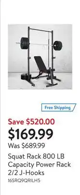 Walmart Squat rack 800 lb capacity power rack 2/2 j-hooks offer