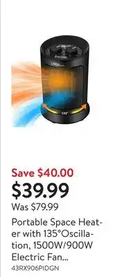 Walmart Portable space heater with 135°oscillation, 1500w/900w electric fan heater with 3-level control, overheat and tip-over protec offer