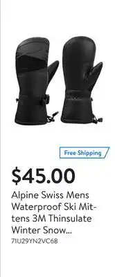 Walmart Alpine swiss mens waterproof ski mittens 3m thinsulate winter snow sport gloves offer