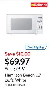 Walmart Hamilton beach 0.7 cu.ft. white offer