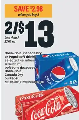 Boissons gazeuses coca-cola canada dry ou pepsi, 12x355 ml