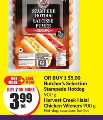 Chalo FreshCo Butcher's selection stampede hotdog 900 g harvest creek halal chicken wieners 900 g offer