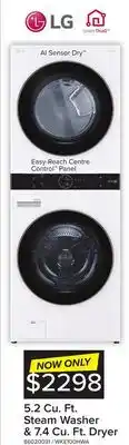 Leon's Lg white front load lg washtower with centre control 5.2 cu.ft. steam washer and 7.4 cu. ft. electric dryer - wke100hwa offer
