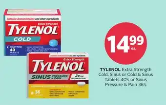 Rexall Tylenol extra strength cold, sinus or cold & sinus tablets 40's or sinus pressure & pain 36's offer