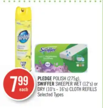 Shoppers Drug Mart Pledge polish (275g), swiffer sweeper wet (12's) or dry (10's - 16's) cloth refills offer