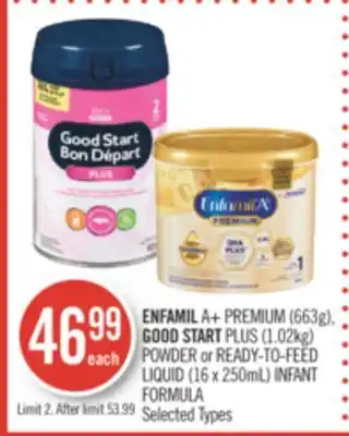 Shoppers Drug Mart Enfamil a+ premium (663g), good start plus (1.02kg) powder or ready-to-feed liquid (16 x 250ml) infant formula offer