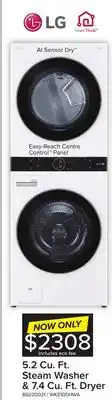 Leon's Lg white front load lg washtower with centre control 5.2 cu.ft. steam washer and 7.4 cu. ft. electric dryer - wke100hwa offer
