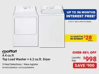 Visions Electronics Moffat 4.4 cu.ft top load washer +6.2 cu.ft. top load dryer offer