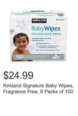 Costco Kirkland signature baby wipes, fragrance free, 9 packs of 100 offer