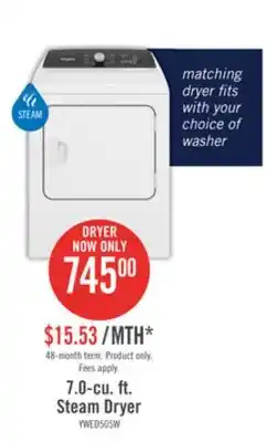 The Brick Whirlpool 7 cu. ft. electric dryer with steam - ywed5050lw offer