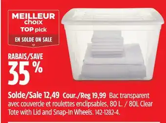 Canadian Tire Type a 80l clear tote with lid and snap-in wheels offer