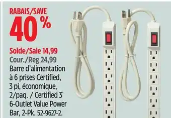 Canadian Tire Certified 3' 6-outlet value power bar, 2-pk offer