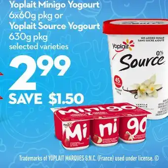 Longo's Yoplait minigo yogourt 6x60g pkg or yoplait source yogourt 630g pkg offer