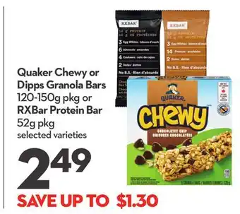 Longo's Quaker chewy or dipps granola bars 120-150g pkg or rxbar protein bar 52g pkg offer