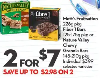 Longo's Mott's fruitsation 226g pkg, fiber 1 bars 125-175g pkg or nature valley chewy granola bars 148-210g pkg offer
