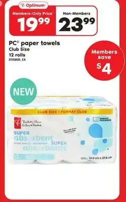 Loblaws Pc paper towels, 12 rolls offer