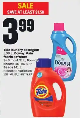 Loblaws Tide laundry detergent, 1.09 l, downy, gain fabric softener, 946 ml-1.31 l, bounce sheets, 40-80's or beads, 141 g offer