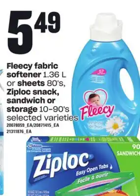 Loblaws Fleecy fabric softener, 1.36 l or sheets, 80's, ziploc snack, sandwich or storage, 10-90's offer
