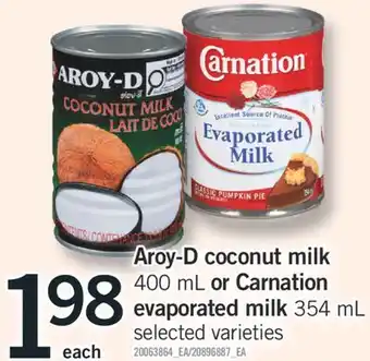 Fortinos Aroy-d coconut milk, 400 ml or carnation evaporated milk, 354 ml offer