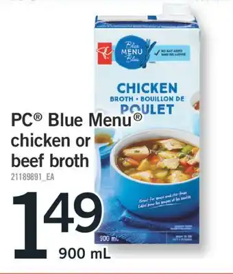 Fortinos Pc blue menu chicken beef broth, 900 ml offer