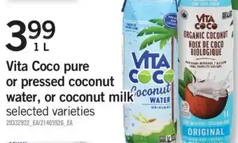 Fortinos Vita coco pure or pressed coconut water, or coconut milk, 1 l offer